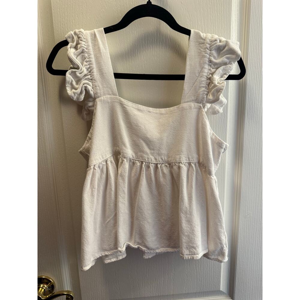 Miou Muse White Linen Cotton Peplum Tank Ruffle Sleeve Coquette Top Medium